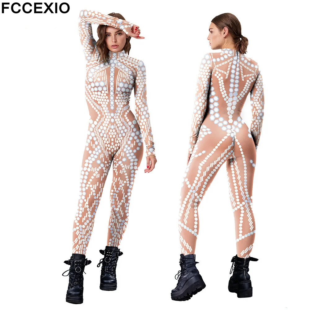 FCCEXIO Sequin Glitter Pattern 3D Print Women Sexy Skinny Jumpsuit Carnival Cosplay Costumes Fancy Bodysuit 2023 Party Rompers