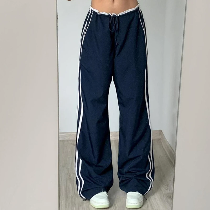 

Sporty Baggy Low Waisted Trousers Patchwork Drawstring Wide Leg Trousers Female Jogger Casual Loose Sweatpants Women's Clothing