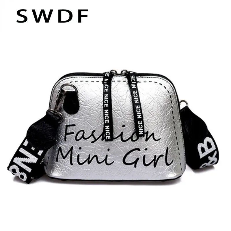 

Сумка SWDF женская из экокожи, саквояж кросс-боди в форме ракушки, сумочка на широком ремешке, модный натуральный мессенджер с надписью