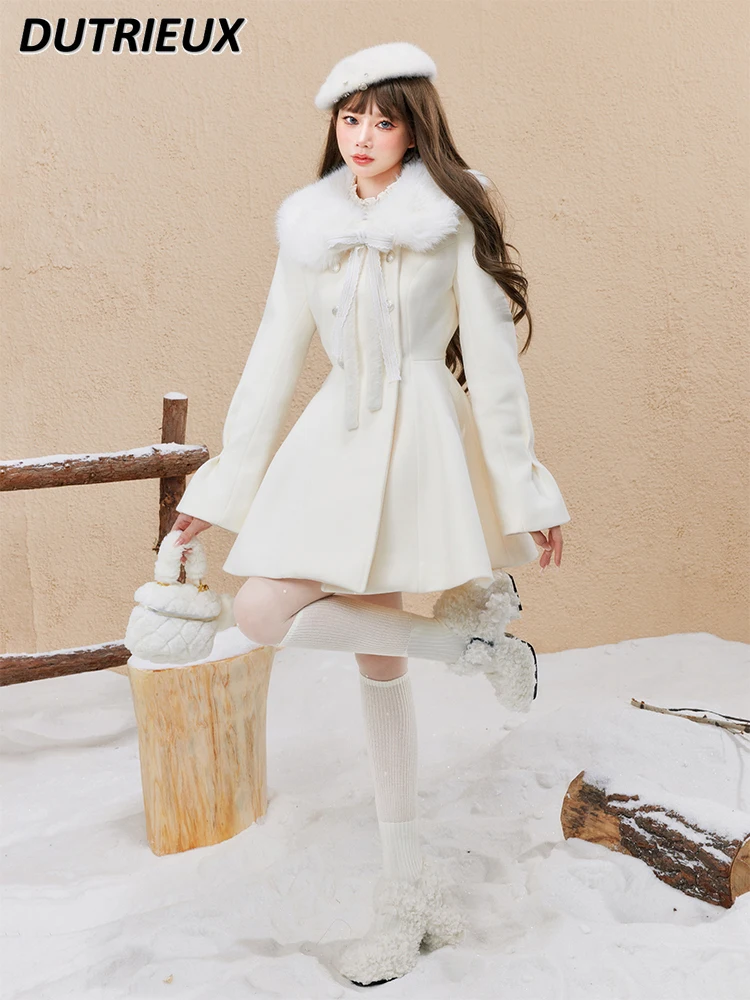 Осенне-зимнее новое шерстяное пальто с меховым воротником на талии милое