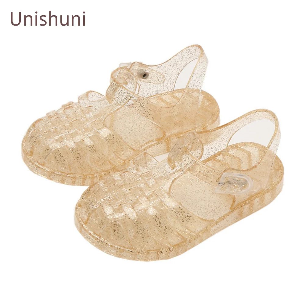 Unishuni Girls Jelly Sandal Kids Bling Glossy Plastic Summer Shoe Durable Quick Dry Close Toe Beach Slipper Sandal for Girls
