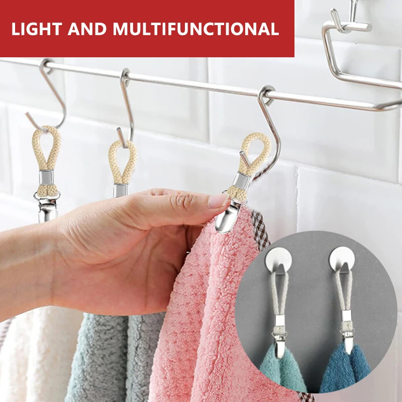 

4PCS Towel Clips Braided Cotton Loop Towel Clip With Metal Clamp Multipurpose Cloth Hanger For Home Bathroom Kitchen Storage