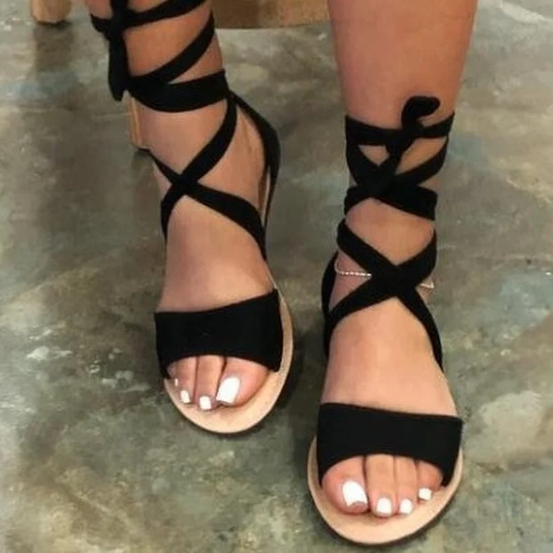 Women's Sandals Summer Fashion Casual Hollow Roman Strap Large Size Lace Up Hemp Rope Flat Sandals Comfort Beach Shoes Plus Size
