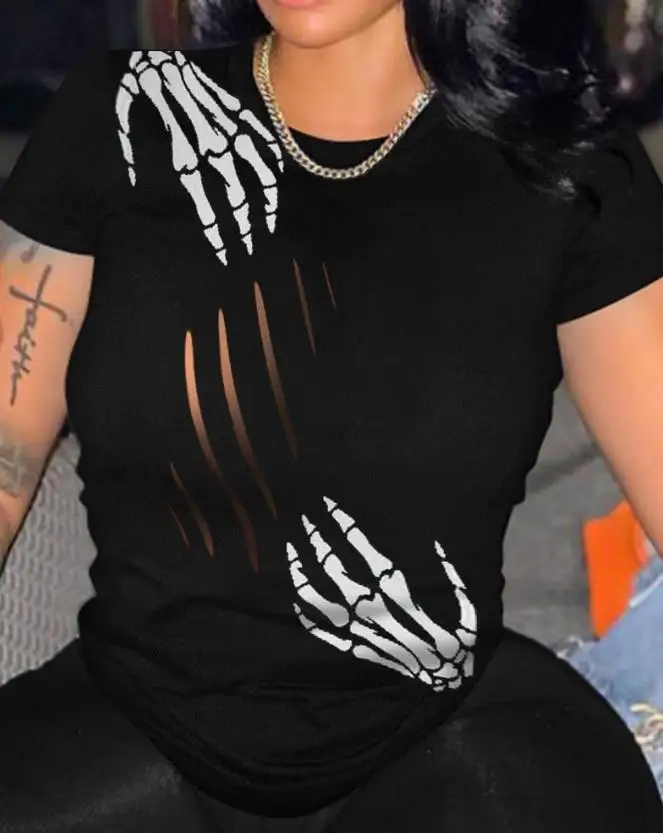 

Футболка женская с принтом скелета, модный топ с вырезом, повседневный наряд с коротким рукавом, Хэллоуин, 2022