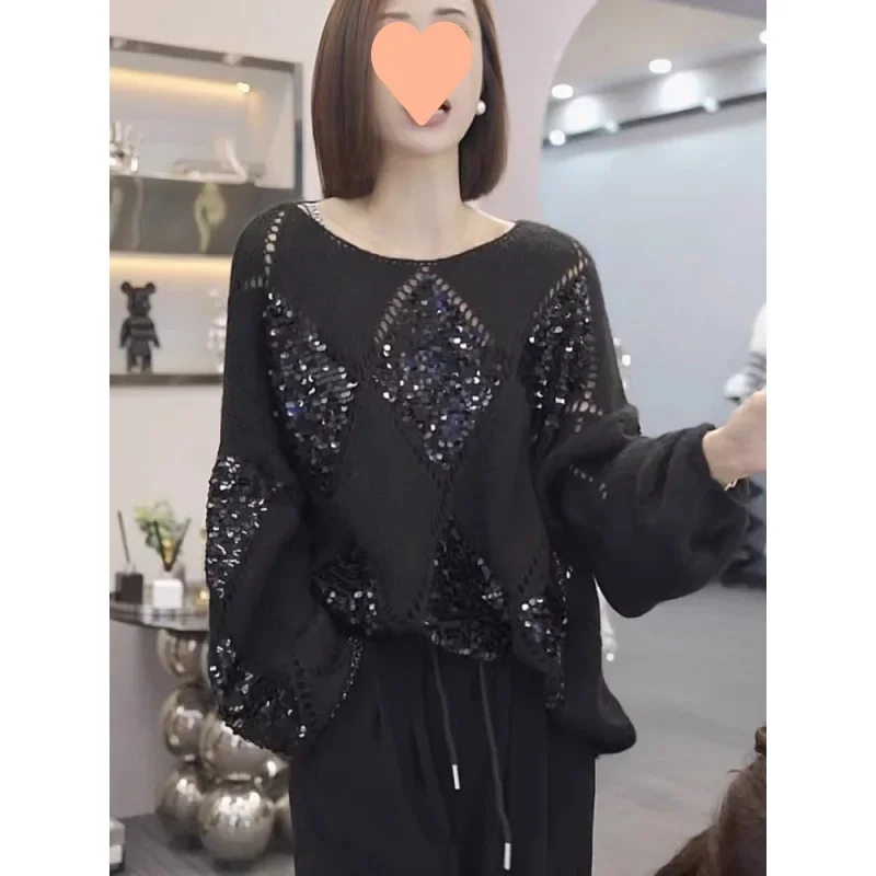 Elegant Knitted Top For Women High-End Feel Argyle Sequins Hollow Out Luxury Loose Fit Sweater Trendy Autumn Knitwear