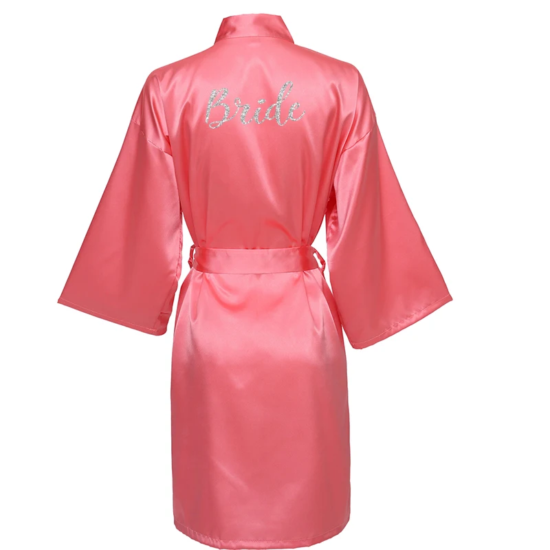 Owiter 2019 Silk Satin Bridesmaid Sexy Robes Bridal Bath Robe Hot Pink Robes Wedding Silver Matte Printing White Bathrobe Short