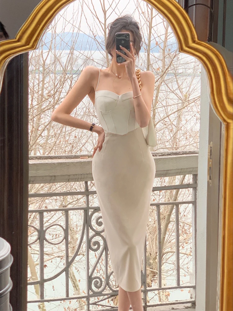 

Vintage Corset Ruched Midi Dress for Women Spaghetti Strap Sexy Bodycon Elegant Party Slim One Piece Clothes Vestidos Summer New