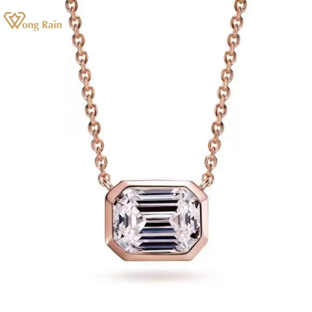 Wong Rain 925 Sterling Silver Emerald Cut High Carbon Diamonds Gemstone 18K Gold Plated Pendant Necklace Fine Jewelry Wholesale