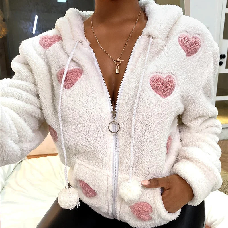 

Kawaii Jacket Y2k Women Long Sleeve Heart Pattern Zip Hooded Teddy Coat Casual Sweet Hairy Fleece Tops Sweet Pink Hoddies White