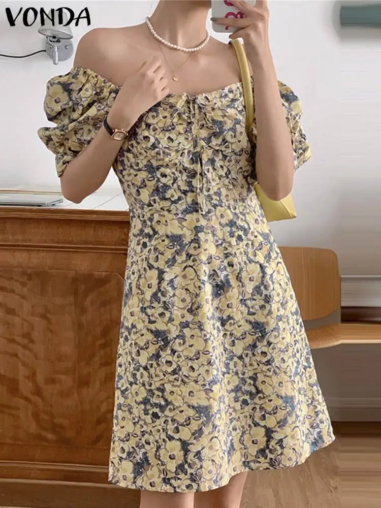 

Женский летний сарафан VONDA 2023, богемное мини-платье с цветочным принтом, сексуальное повседневное свободное платье с квадратным вырезом и коротким рукавом