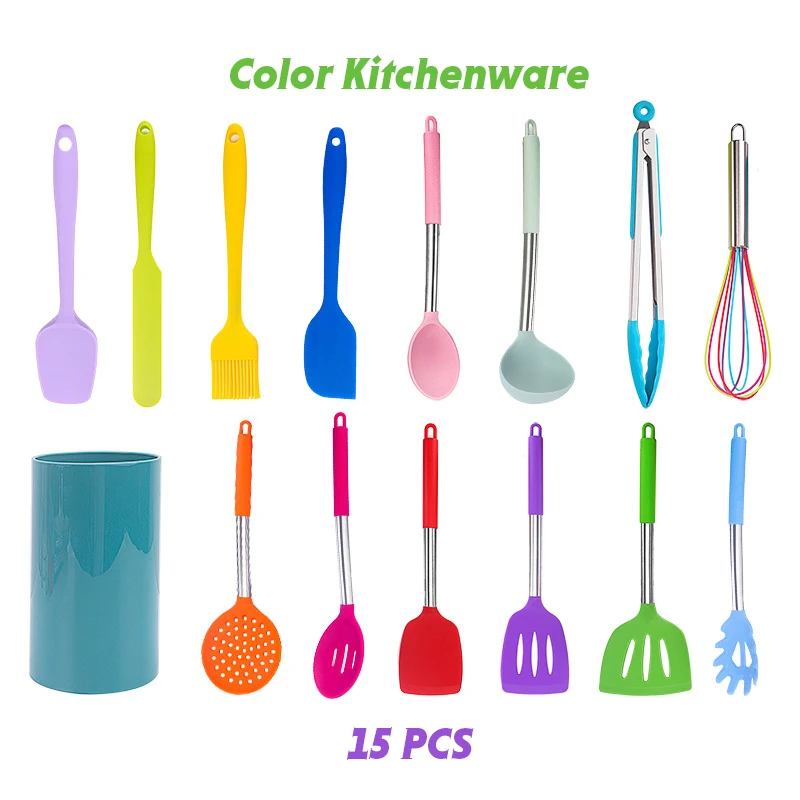 15PCS Silicone Kitchenware Color set Kitchen Utensils Tools  With Storage Barrel Stainless Steel Handle Kitchen Accessories