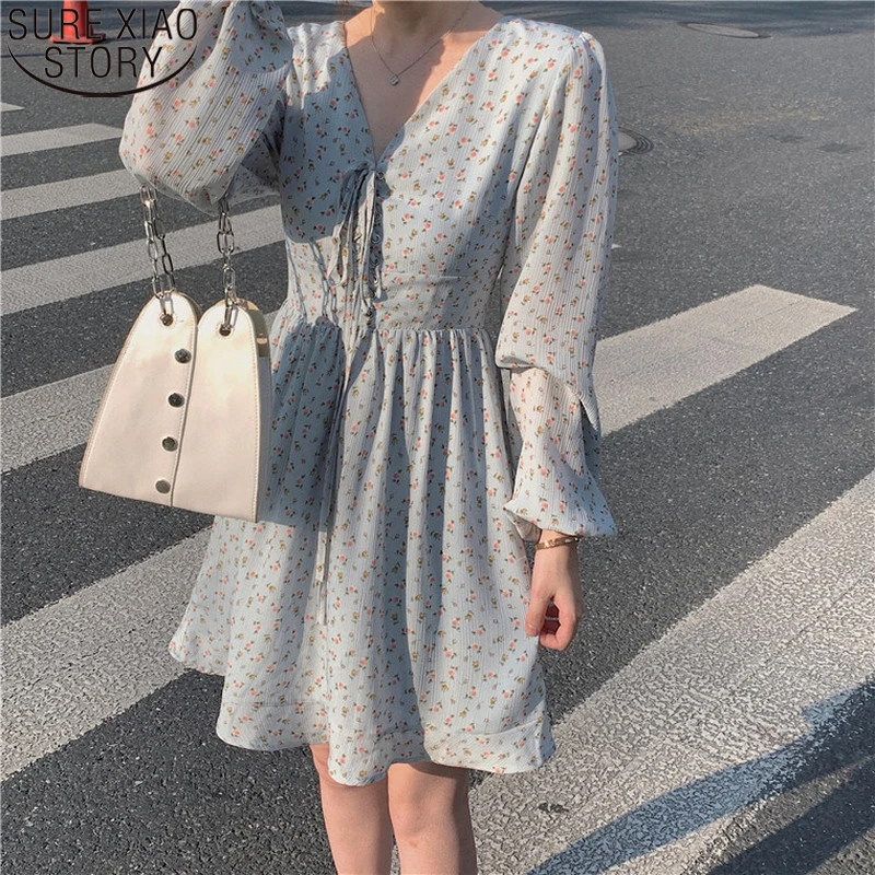 

2022 Spring V-neck Strap Sweet Floral Print Dress Long Lantern Sleeve Mini Dress for Women Pleated Ruffles Dress Casual 18877