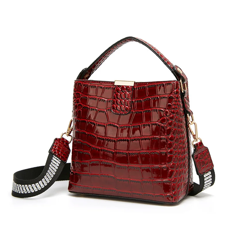 

Luxury Patent Leather Women Handbag Small Brand Design Crocodile Grain Bucket Shoulder Bag for Female Crossbody Bags Satchels