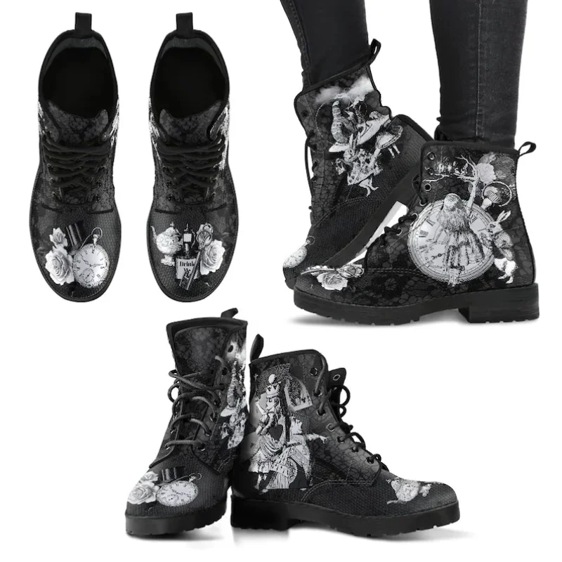 Women Ankle Boots Print High-top Shoes Non-slip Motorcycle Vintage Pu Leather  Platform lace up Boots Botte Femme Hiver images - 6