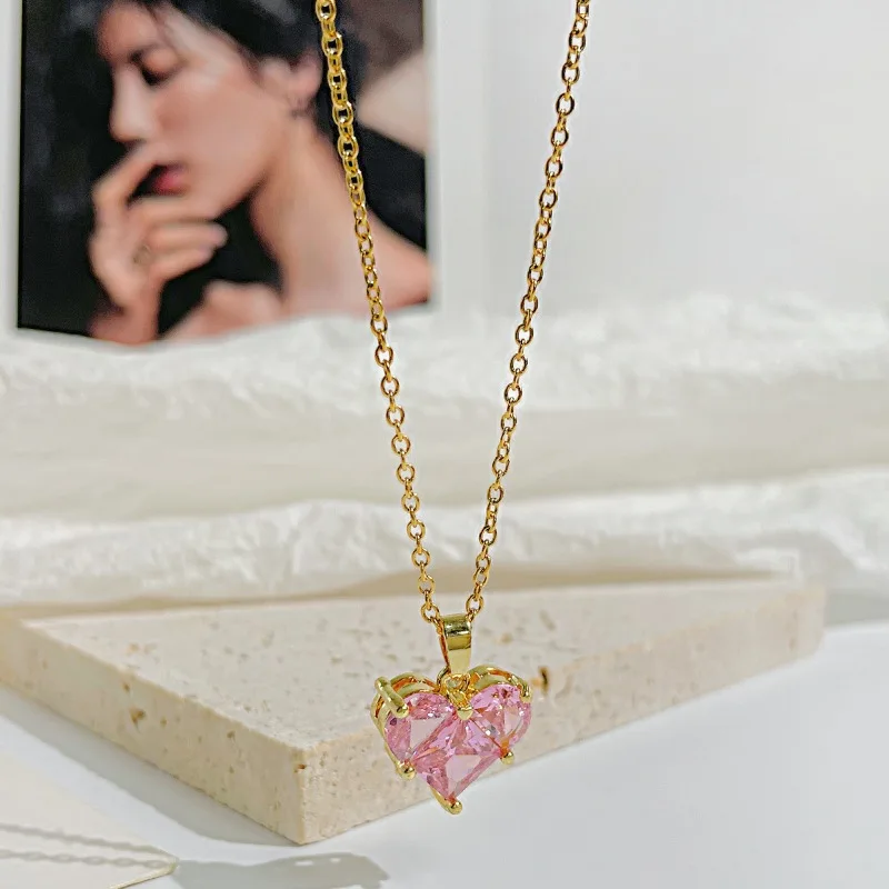 

Luxury Gold Color Heart Pink Zircon Pendant Necklace Jewelry For Women Fashion Pendants Wedding Party Gifts Free Shipping