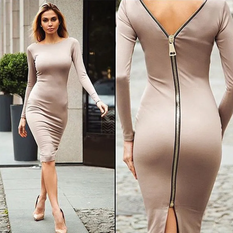 

Women Spring Autumn Long Sleeve Bodycon Dresses Sexy Backless Zippers Soild Color Slim Mini Dress 2022 Female Fashion Streetwear