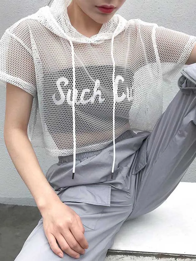 Womens Hollow Mesh Net Hooded T-Shirt Short Sleeve Tee Tops Transparent Black Swxy Clubwear Party