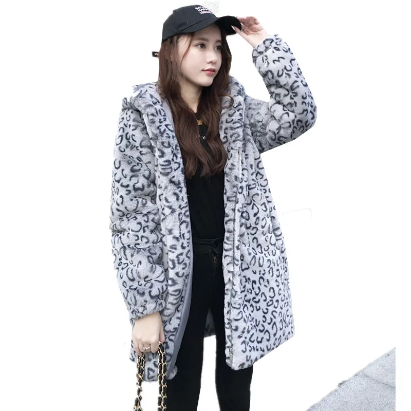 New Winter Faux Fur Coat Women Mid-Length Leopard Print Hoodplush Zipper Thick Warm Jacket Loose Overcoat Ladies Clothes H2638