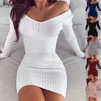 Sexy Club Off Shoulder Long Sleeve Bodycon Dress For Women 2020 Winter White Knitted Sweater Mini Woman Dresses Robe Femme 1