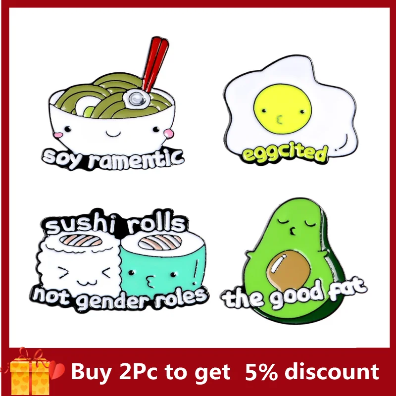 

Food Enamel Pins Creative Cartoon Cute Avocado Sushi Roll Poached Egg Noodle Brooches Lapel Pin Shirt Bag Badge Jewelry Gift