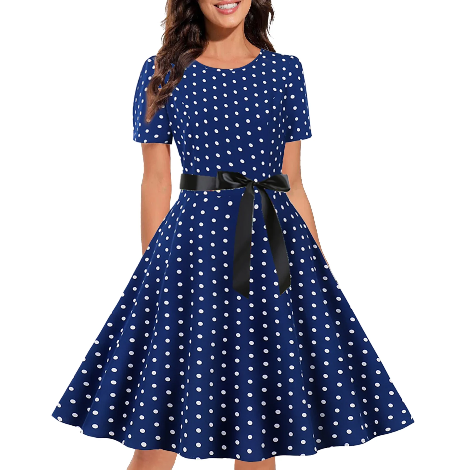 

Винтажное платье-трапеция с принтом, коротким рукавом и круглым вырезом