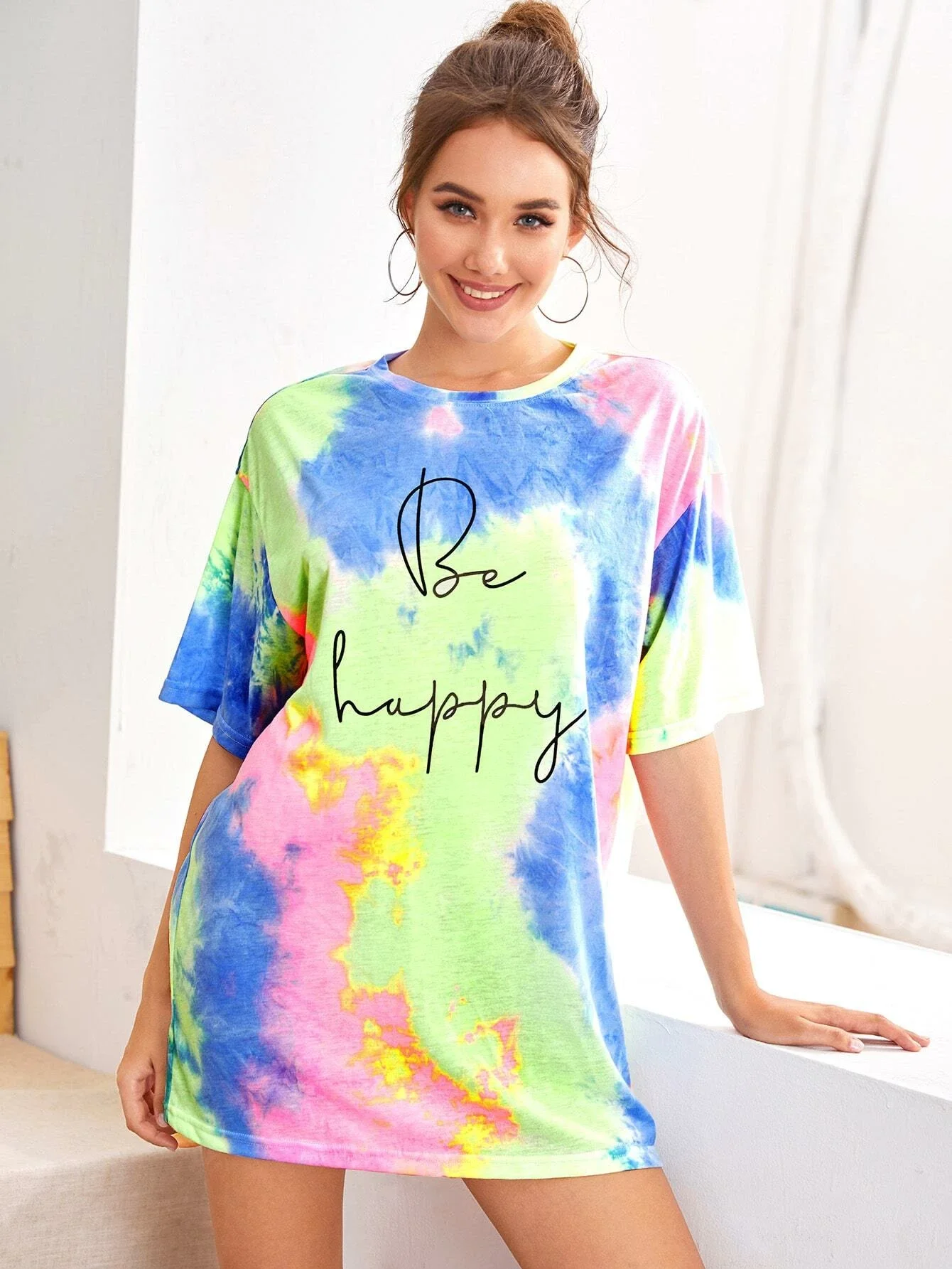 

tops Drop Shoulder Letter Graphic Tie Dye Longline Tee