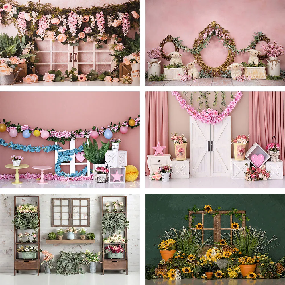 

Mehofond Photography Backdrop Spring Easter Flower Green Plants Interior Background Baby Shower Portrait Photo Studio Photozone