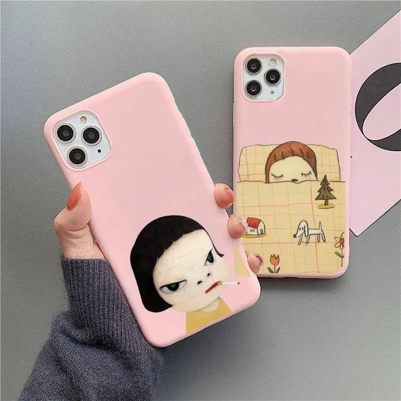 

Art cartoon Yoshitomo Nara Phone Case For iphone 13 12 11 Pro Max Mini XS 8 7 6 6S Plus X SE 2020 XR Candy Pink Silicone Cover
