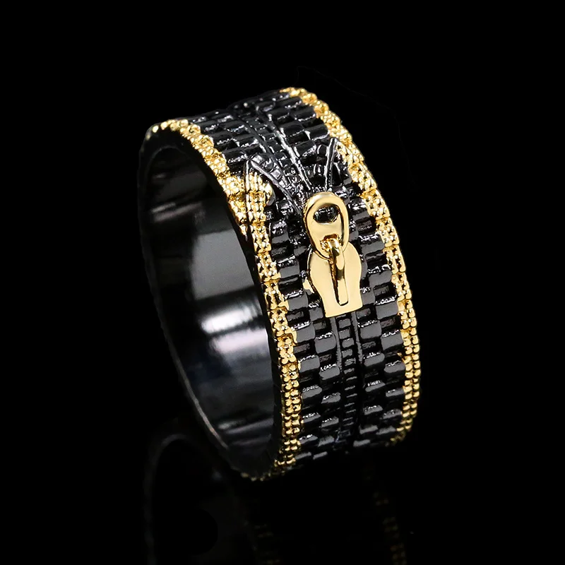 

Creative Zipper Design Vintage Black Gold Two-tone Rings for Women Girls Punk Hip Hop Alloy Ring Unique Personalized Jewelry