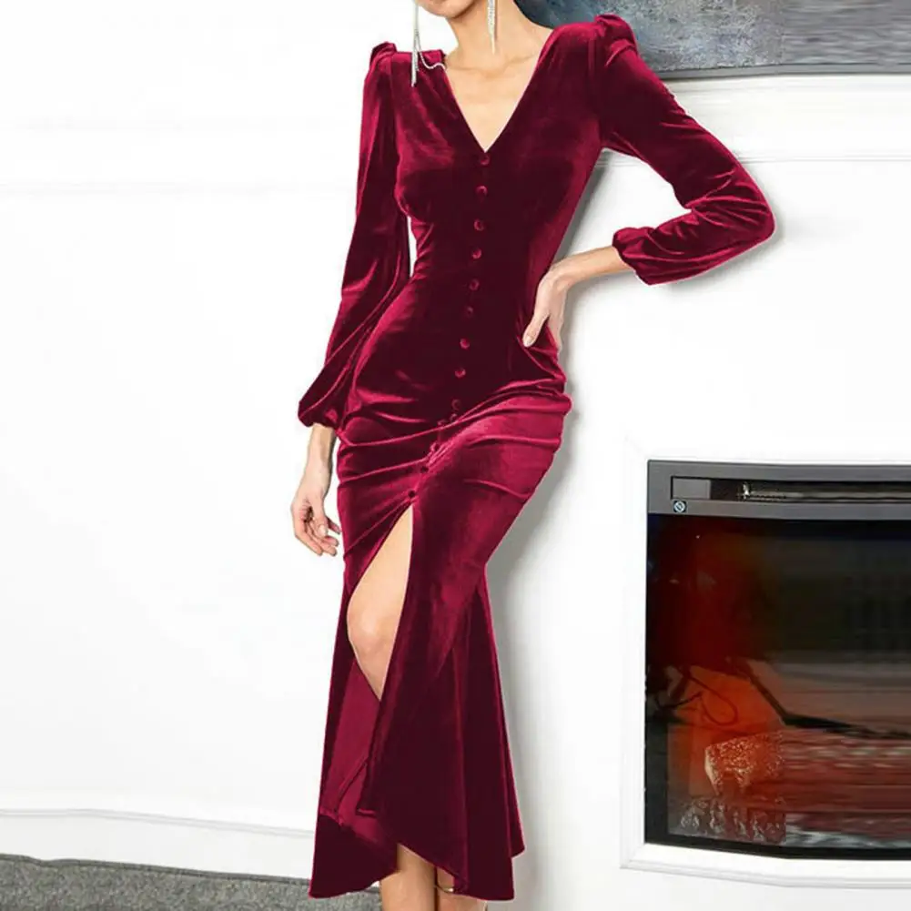 

V Neck Long Sleeves Padded Shoulder Buttons Decor Front Split Fishtail Hem Midi Dress Solid Color Skinny Party Bodycon Evening D