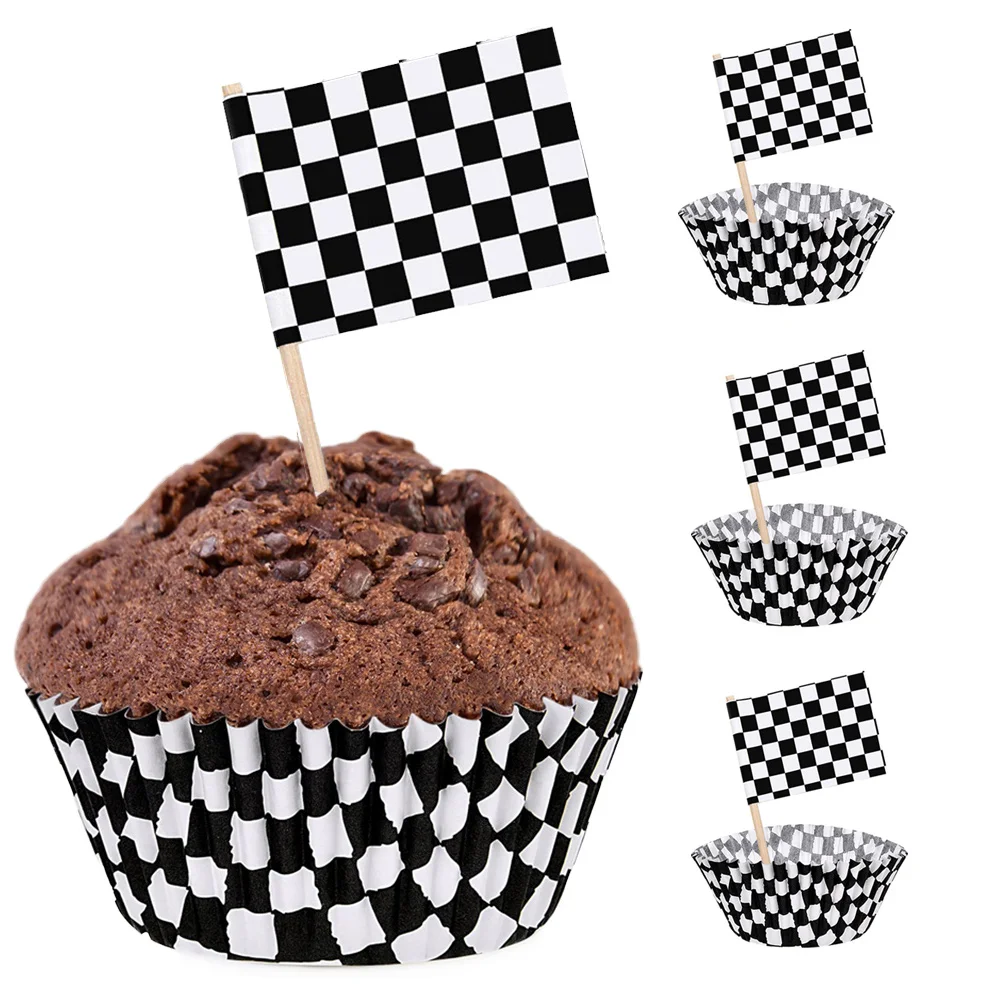 

Race Car Birthday Party Decorations 24Racing Flag Cupcake Wrapper Liner Paper Baking Cup Covers 24Checkered Flag Toothpicks