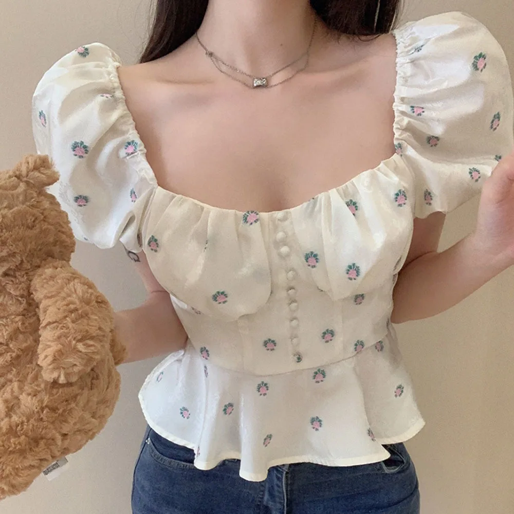 

Элегантная шифоновая блузка с пышными рукавами, Женская винтажная плиссированная блузка с цветочным принтом и квадратным воротником, модная блузка во французском стиле, 2023