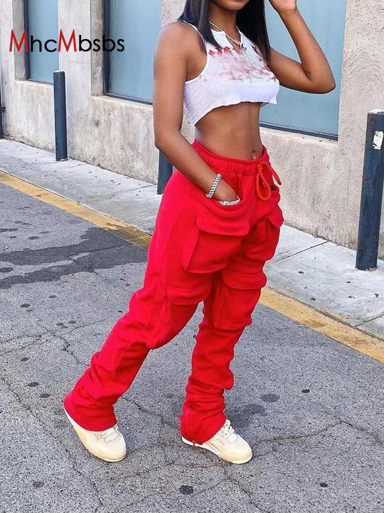 Women's Red Stacked Sweatpants High Waist Tracksuits Y2K Harajuku Joggers Streetwear Mall Goth Cargo Pants 2021 Safari Trousers