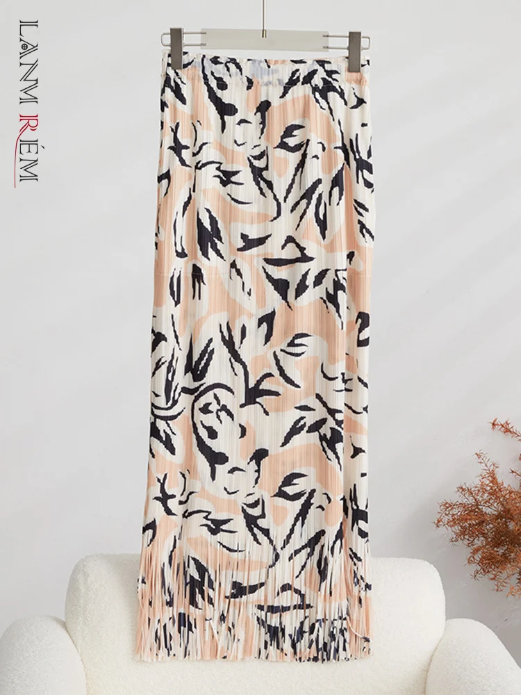 

LANMREM Tassels Skirt For Women High Elastic Waist Contrast Color Printing Striped Straight Hip Wrap Skirts 2023 New 32D414