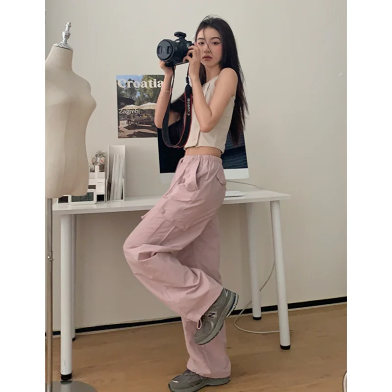 

Женские розовые брюки-карго на шнуровке, американские винтажные модные прямые широкие брюки, женские летние брюки для улицы