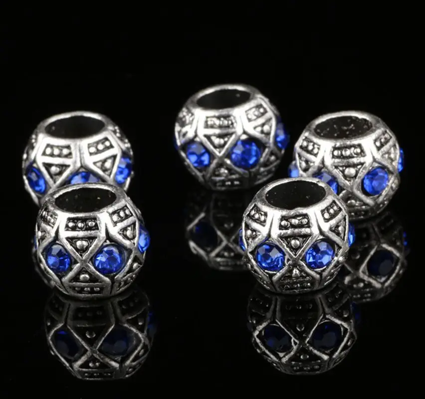 

20PCS/LOT Antique Silver Plated with Blue Rhinestones Metal Alloy European Beads for Bracelet DIY Making Jewelry Accessories