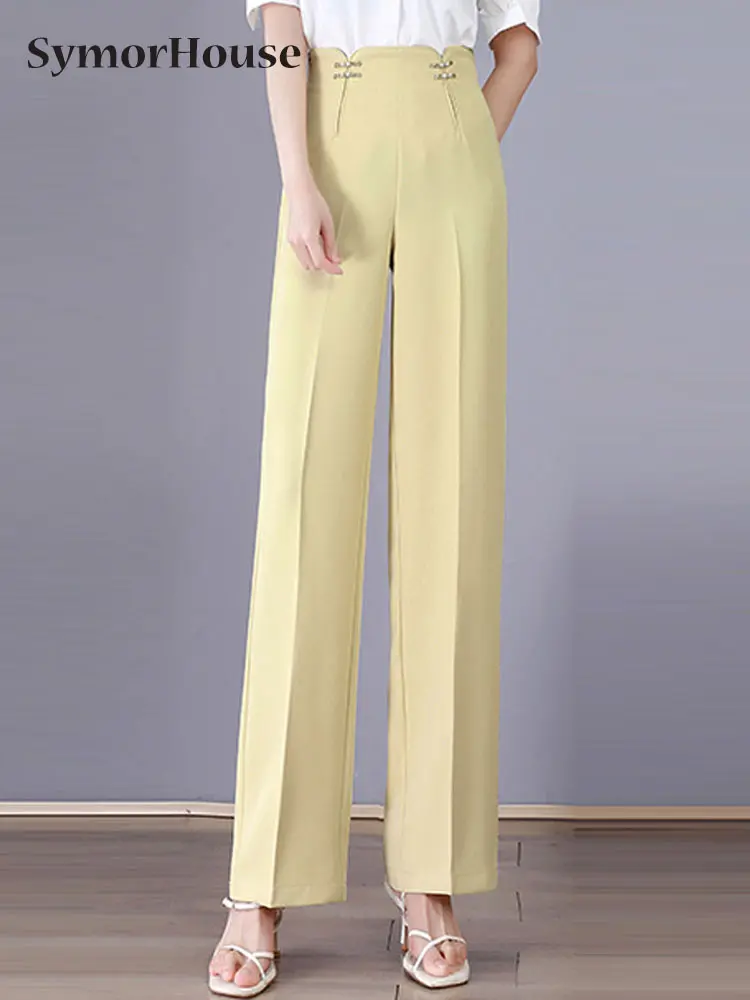 

Брюки женские прямые с эластичной завышенной талией, офисные формальные повседневные свободные брюки с широкими штанинами, 2022