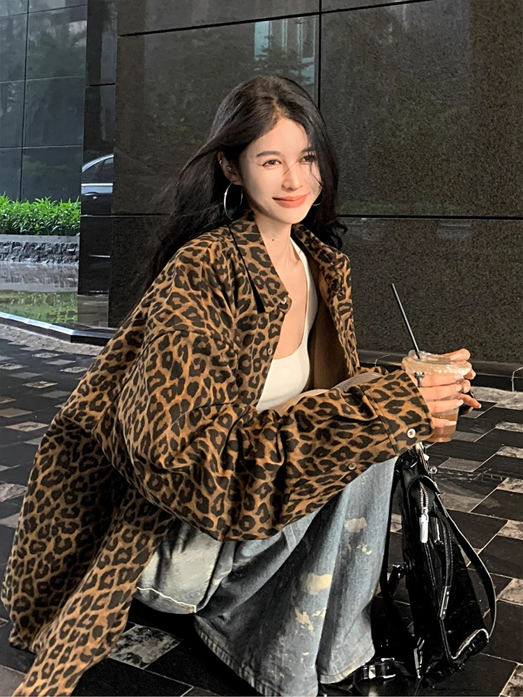 American retro Sle Gyaru Leopard Print Polo Collar Shirts Women Autumn New Idle Loose Slimming Temperament Top |