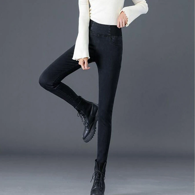 Women's Large Size Casual Denim Pencil Pants 2023 Stretch Vintage High Waist Skinny Jeans Elastic Waist Streetwear Trousers Pop