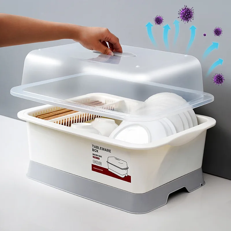 

Chopstick Bowl Dish Drying Rack Container with Lid Cover Tableware Drainboard Storage Box Plastic Kitchen Counter top Cupboard