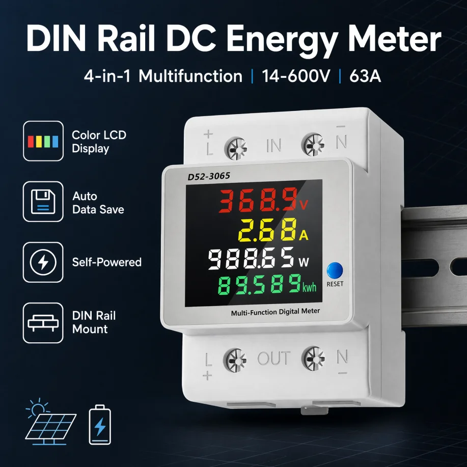 Фото Измеритель энергии постоянного тока на DIN-рейку DC14-600V 63A, многофункциональный ЖК-дисплей 4-в-1, счетчик мощности и кВт⋅ч постоянного тока с автоматическим сохранением данных для мониторинга солнечных батарей и двигателей №2
