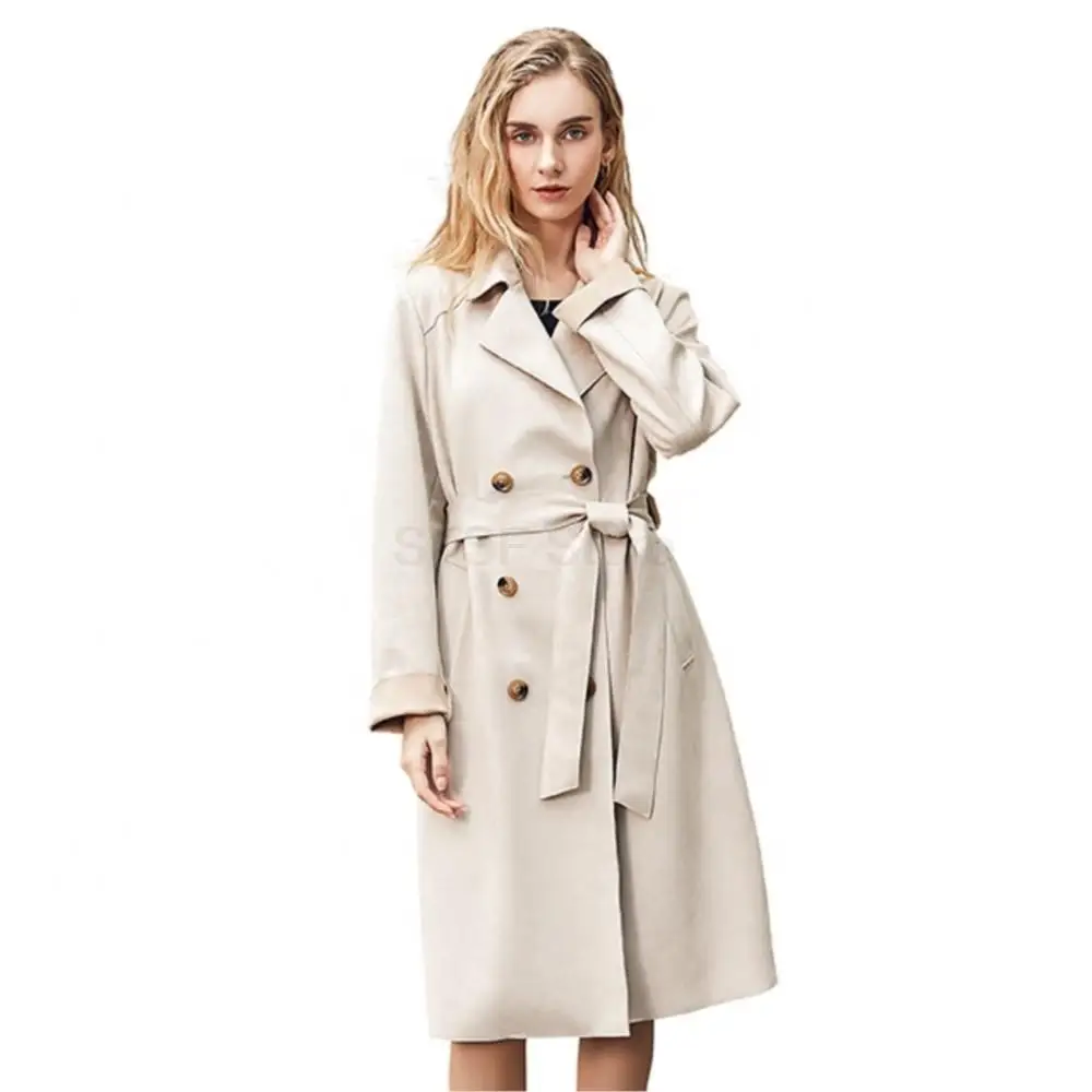 Women Fashion Real Suede Long Coat double-breasted With Belted Pure Color Designer Windbreaker Leisure Lapel Loose Jacket