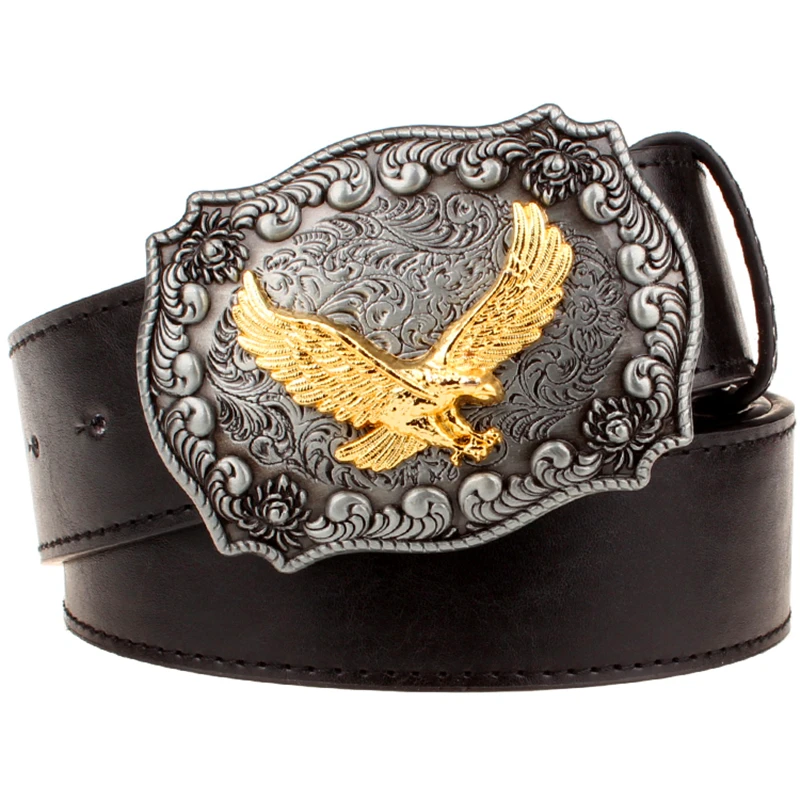 

Men's Leather Belt Golden Eagle Buckle Western Style Belts Hawk Men Cowboy Gold Cow Bull Head Belt women's Gift