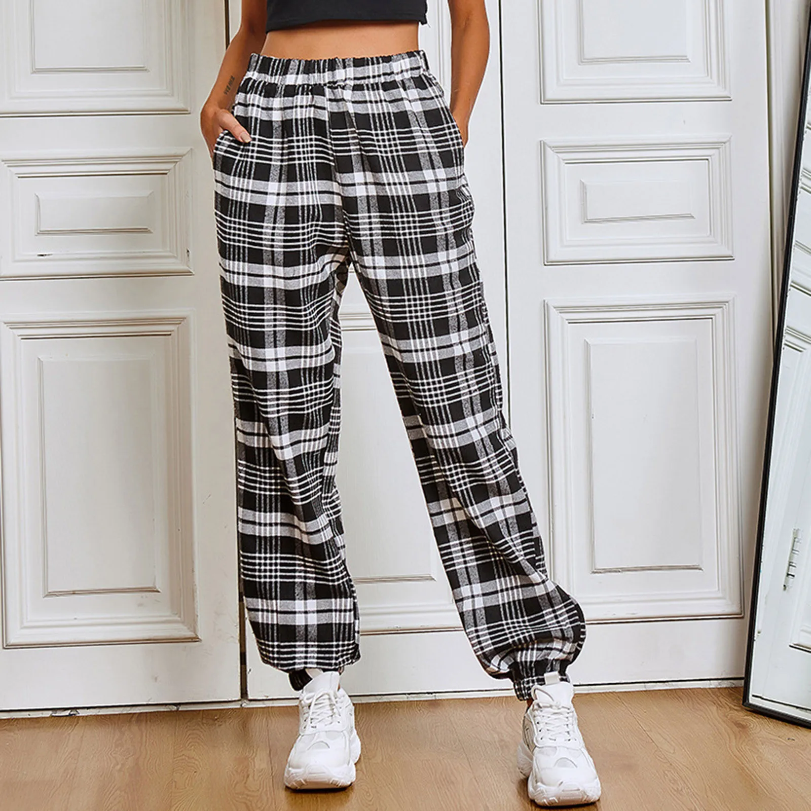 Women'S High Waisted Plaid Pants Solid Jogger Outdoor Cargo Pants Casual Loose Wide Leg Trousers All-Match Korean Retro Fashion