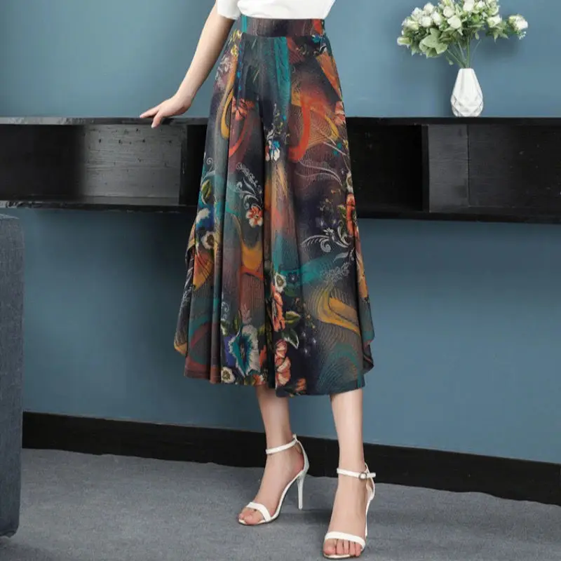 

2022 Summer Middle Aged Women Ice Silk Pants Thin Elastic Waist Loose Casual Cropped Pants Printed Mother Wide Leg Trousers O80