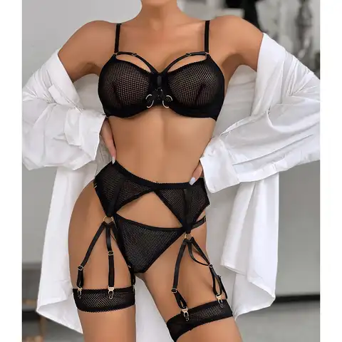 Erotic Set Lingerie Women Transparent Bra Kit Push Up See Through Lace Sets Mesh Seamless Underwear Garters Sexy 3 Pieces