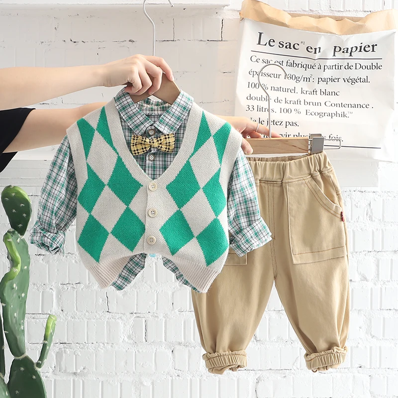 

British Style Baby Boys Knitted Vest Plaid Shirt Pants Autumn Kids Tracksuit Infant Casual Clothes Outfits Children Sportswear