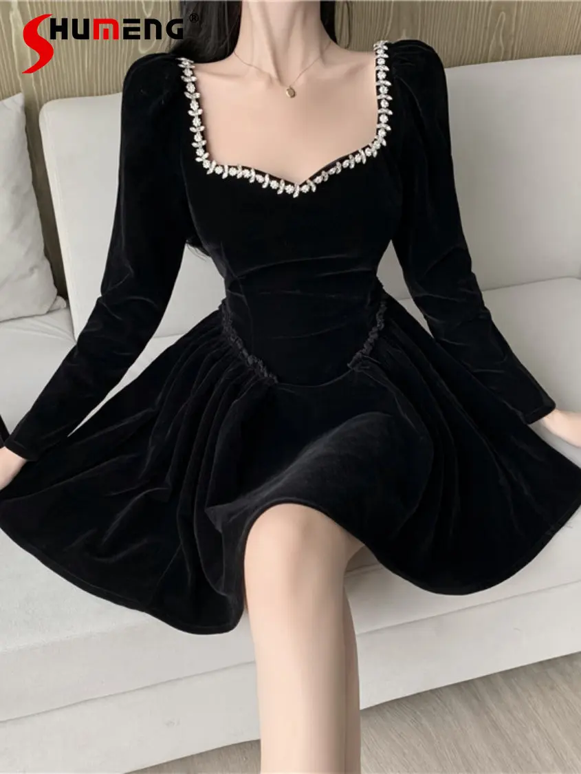 

High-End Heavy Rhinestone Square Collar Midi Dress for Women 2022 Autumn Winter New Retro Black A- Line Black Short Puff Dress