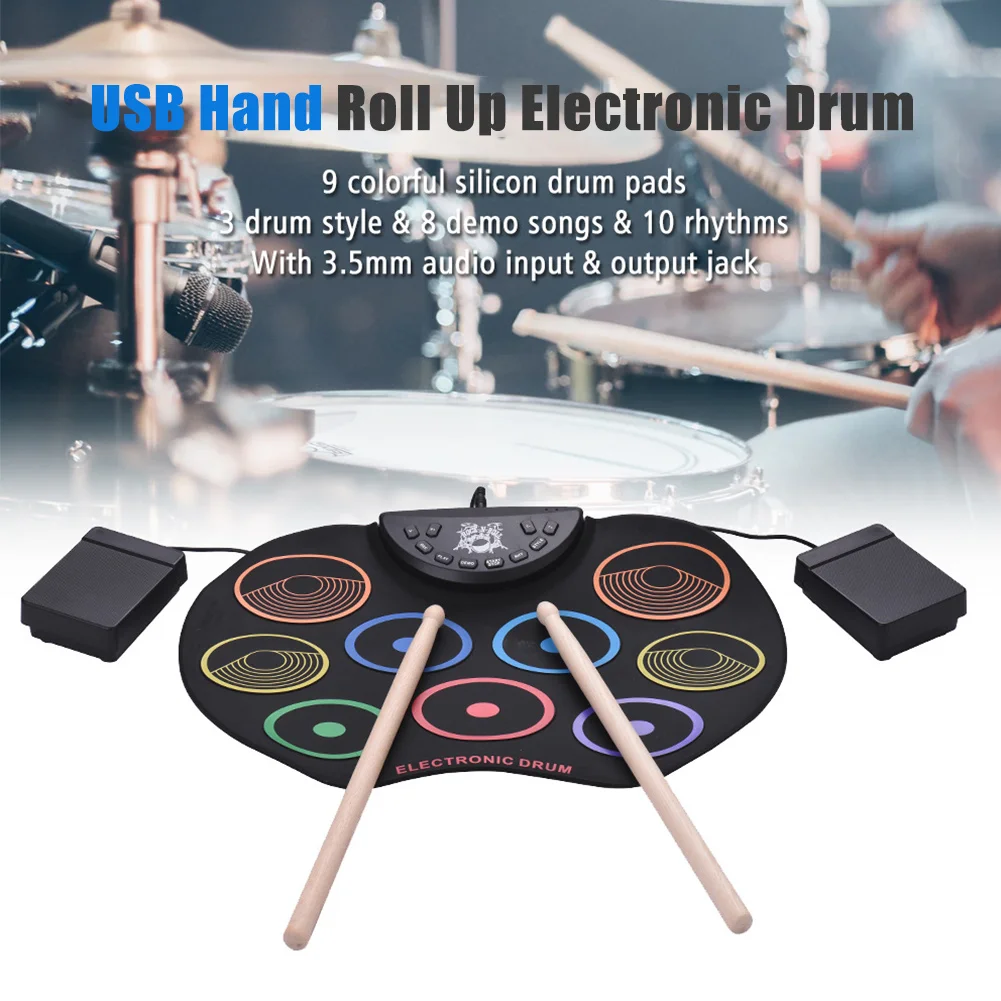 

9 Drum Pads Roll Up Drum Kit with Drum Sticks/Pedals Electronic Drum Set Support Recording Great Holiday/Birthday Gift for Kids