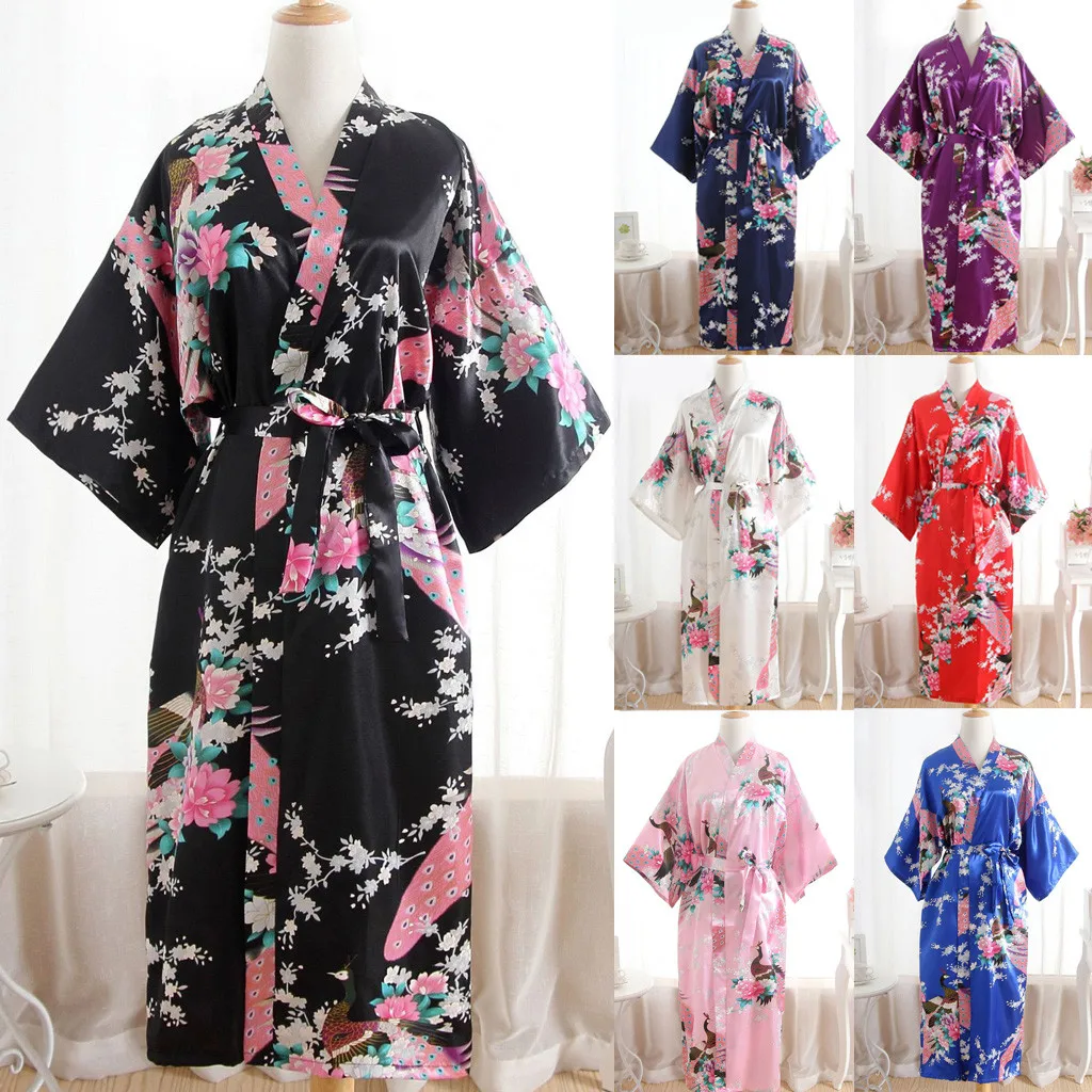 

Chinese Women Slim Long Robe Print Flower Peacock Kimono Bathrobe Gown Bride Bridesmaid Wedding Robes Sexy Sleepwear